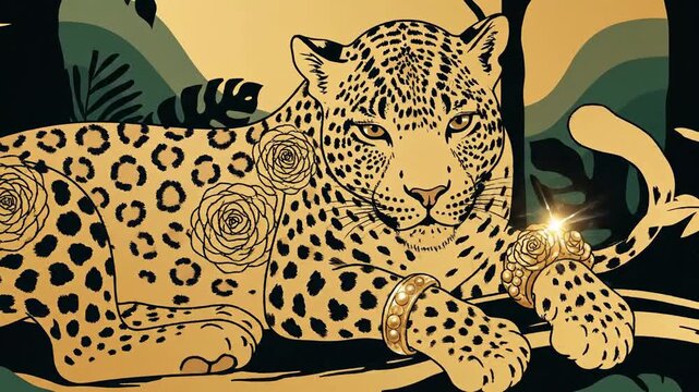 Elegant Leopard Mother With Cub In Golden Floral Forest Illustration Animation Series