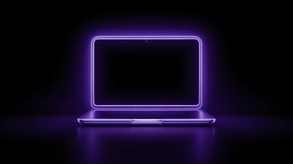 Laptop with vibrant purple neon glowing outline on a dark background, representing digital technology