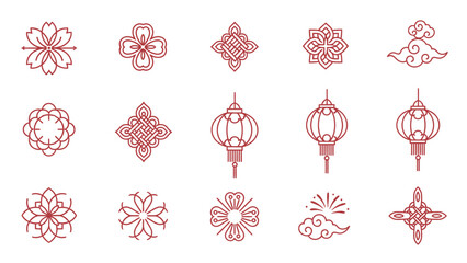 Set of Chinese New Year Lanterns and Floral Symbols