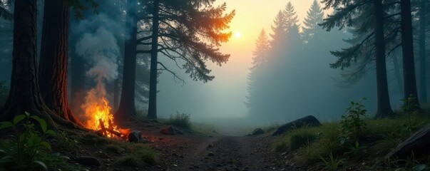 Fototapeta premium Misty morning in a secluded forest clearing, campfire smoke curls upward, serene, dusk