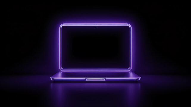 Laptop with vibrant purple neon glowing outline on a dark background, representing digital technology - Powered by Adobe