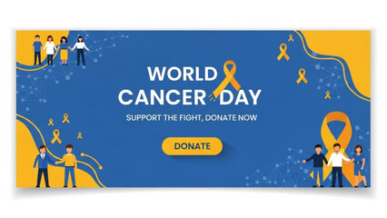 World cancer day awareness banner with people supporting cancer research and donation call to action