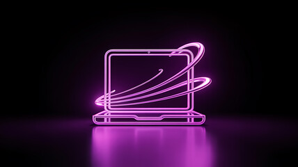 Vibrant pink neon laptop icon with swirling energy lines on a dark background
