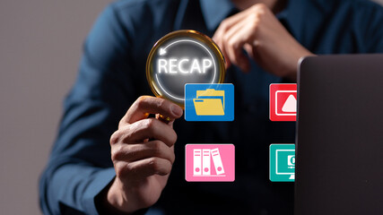 Businessman holding magnifying glass with RECAP icon, surrounded by digital document and media icons, symbolizing review, summary, data archive, and content recap in digital workflow.