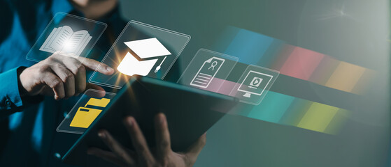 Person using a digital tablet with online education icons, representing e-learning, digital learning platforms, academic resources, and virtual classrooms in modern education technology.