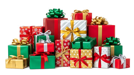 Stack of colorful christmas gifts on white background