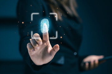 A professional touching a digital fingerprint interface, representing biometric security, identity verification, data protection, cybersecurity technology, and secure authentication systems.