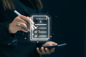 A professional approving a digital certification document, representing compliance verification, quality standards, official approval, and trusted digital documentation systems.