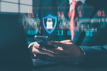 Businessman using smartphone with cybersecurity lock icon and digital data network interface, representing secure mobile communication and data protection technology.
