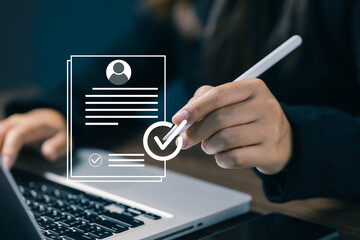 A recruiter reviewing a digital resume with approval icons, representing hiring decisions, recruitment process, HR management, candidate evaluation, and professional talent selection systems.