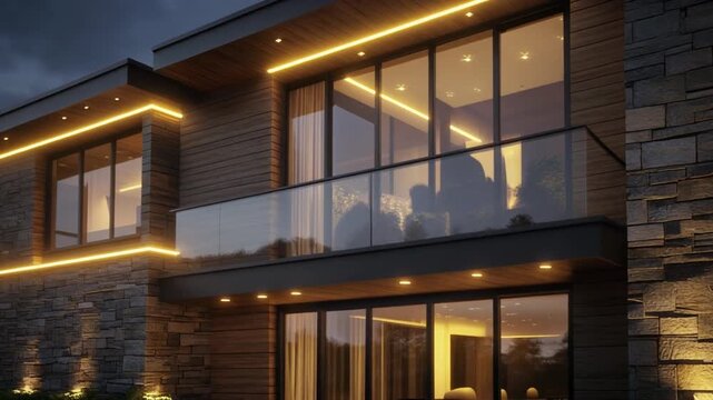 Modern Luxury Home Exterior with Warm Accent Lighting at Dusk Keywords: modern house, contemporary architecture, exterior lighting, facade, stone facade, wood siding, large windows, glass