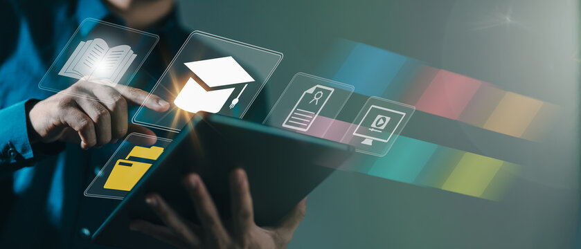 Person using a digital tablet with online education icons, representing e-learning, digital learning platforms, academic resources, and virtual classrooms in modern education technology. - Powered by Adobe