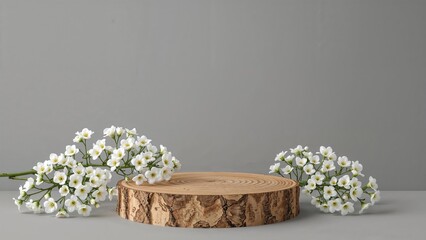 White daisies arranged around a wooden log slice, with a plain gray background. Fresh flowers and natural wood for a minimal, earthy aesthetic.