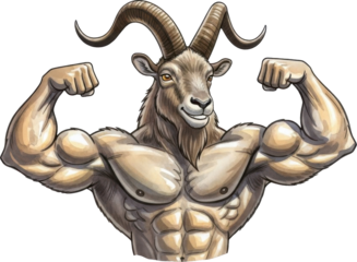 Muscular goat flexing muscles isolated on transparent background
