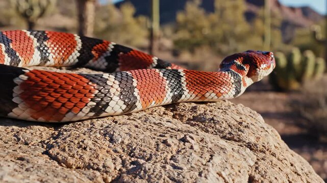 Milk Snake Crawling Across a Rock in the Desert