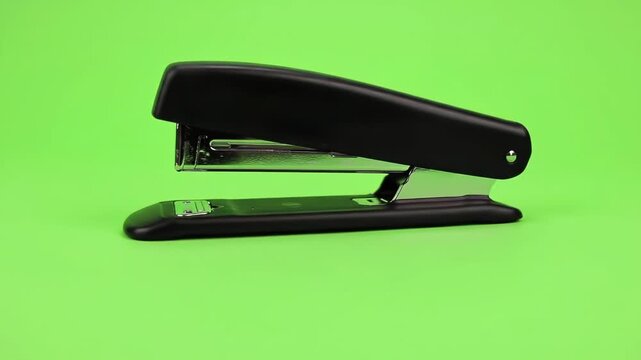 Black stapler on green background office supplies
