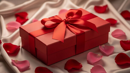 Perfectly wrapped red gift box tied with large satin bow resting on luxurious white draped fabric surrounded by scattered pink and red rose petals for special occasion