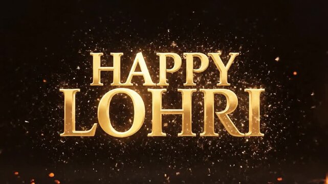 Happy lohri greeting video animation featuring golden text explosion with sparkles and burning wood bonfire flames on black background for indian punjabi winter harvest festival