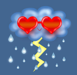 Romantic Rain Cloud with Lightning and Heart Glasses