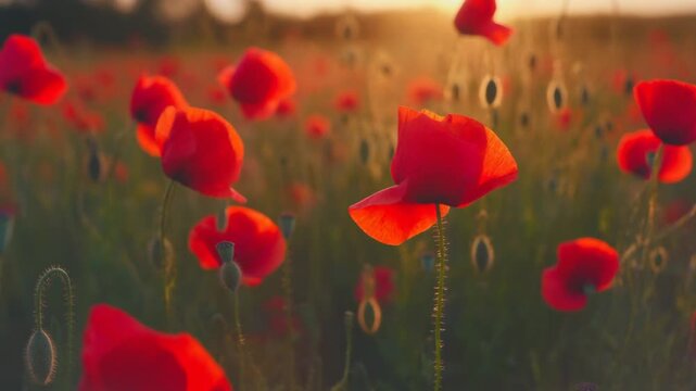 Field of Red Poppies in Soft Golden Sunlight with Delicate Seed Pods Keywords: poppies, red poppies, field of poppies, flowers, floral, nature, summer, sunlight, golden hour, sunset, dawn