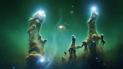 Fototapeta premium Pillars of Creation Nebula in Deep Space with Bright Stars and Green Hues