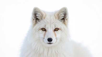 A white Arctic fox with piercing yellow eyes directly facing the camera against a plain white background.