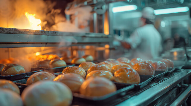 Commercial Bakery Steaming Hot Buns on Baking Sheet
