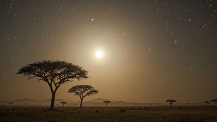 A night scene of the planet Earth with trees silhouetted against a luminous moon and a starry sky. Nature and astronomy, concept. The scene of wilderness and celestial connection