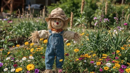 A scarecrow doll in a garden filled with colorful flowers, wearing a hat and denim overalls.