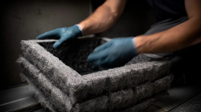Closeup of hands installing a carbon HVAC filter highlighting odor control and chemical absorption in residential ventilation.