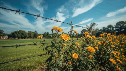 Flowers and greenery behind barbed wire fence in a rural landscape.