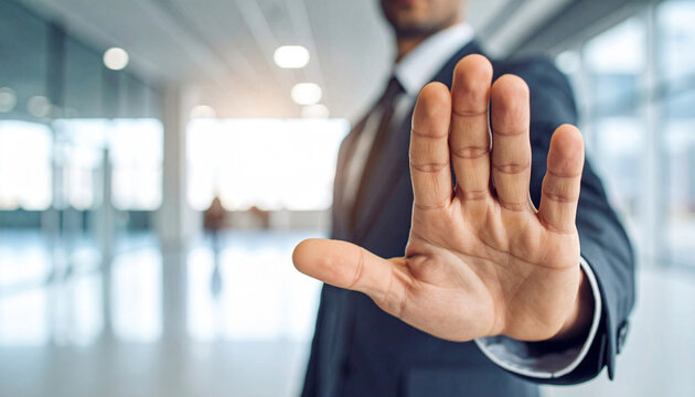 A man in a suit extends his hand with an open palm in a gesture of stopping or refusing. The person shows a clear signal of objection or denial in a professional setting