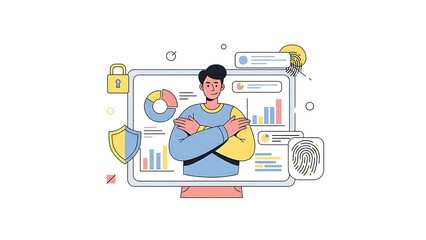 Man on computer screen with data analytics, security, and business intelligence visualizations.