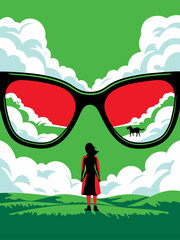 Small person stands in a vibrant green landscape, looking through giant black-framed glasses that reflect a red sky with a dog silhouette.