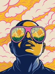 Person with a bald head looks upwards, wearing pink aviator sunglasses that reflect an orange cloudy sky and green trees.