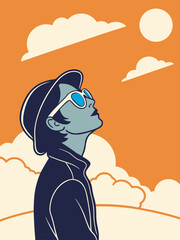 Person wearing a hat and stylish blue sunglasses looks up thoughtfully at a bright orange sky filled with fluffy white clouds and a soft white sun, conveying a sense of hope and contemplation.