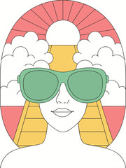Woman wearing large green sunglasses looks towards a stylized sunrise or sunset with clouds and a yellow path in a vibrant retro illustration.