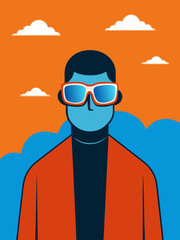 Minimalist illustration depicts a person with blue skin and an orange jacket, wearing white-framed sunglasses with blue lenses.