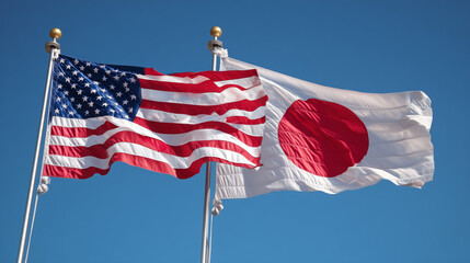 us flag waving next to japanese flag in blue sky. relations between usa and japan