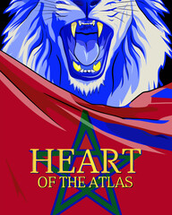 Roaring blue lion's head is prominently superimposed on a red and green star background, embodying the 'Heart of the Atlas' theme in a striking graphic illustration.