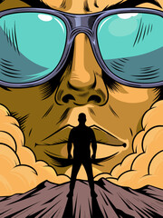 Person's silhouette stands on a path, facing a towering, stylized face with large sunglasses emerging from clouds, creating a surreal and introspective scene.