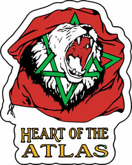 Roaring lion's head with an aggressive expression bursts from a red and green star design, embodying the 'Heart of the Atlas' concept in a vibrant illustration.