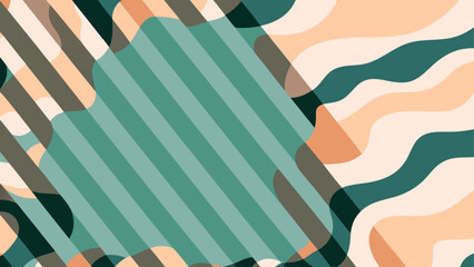 Abstract background features a dynamic composition of overlapping geometric shapes, including diagonal stripes and organic wavy patterns, in a harmonious palette of teal, beige, and brown tones.