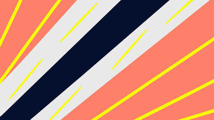 Geometric graphic background features a central dark blue diagonal stripe flanked by light grey lines, all set against a coral pink backdrop with radiating yellow lines suggesting a stylized pathway.