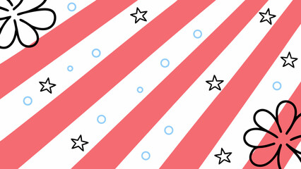Red and white radial stripes background adorned with scattered stars, circular bubbles, and outline flower shapes, creating a whimsical and cheerful illustration.