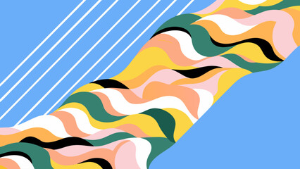 Abstract illustration features a dynamic diagonal wave pattern in yellow, pink, green, and black against a light blue background with linear accents.
