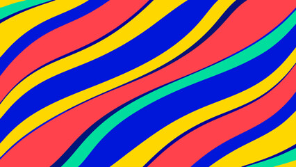 Abstract graphic background presents a dynamic composition of flowing, wavy diagonal stripes in a vibrant palette of yellow, blue, red, and teal green, creating a colorful and energetic visual.