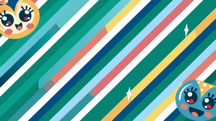 Colorful striped background with adorable cartoon characters in the corners creating a playful and vibrant abstract design, perfect for children's themes or digital presentations.