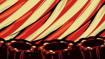 Red and cream diagonal stripes pattern with dark, viscous liquid dripping below, creating an intense and visually striking abstract background illustration.