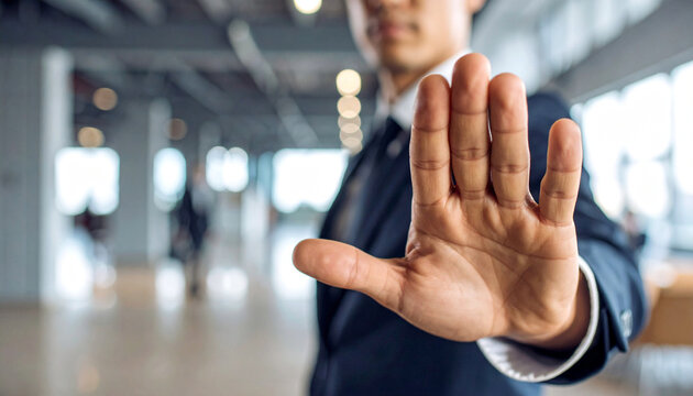 A man in a suit extends his hand with an open palm in a gesture of stopping or refusing. The person shows a clear signal of objection or denial in a professional setting